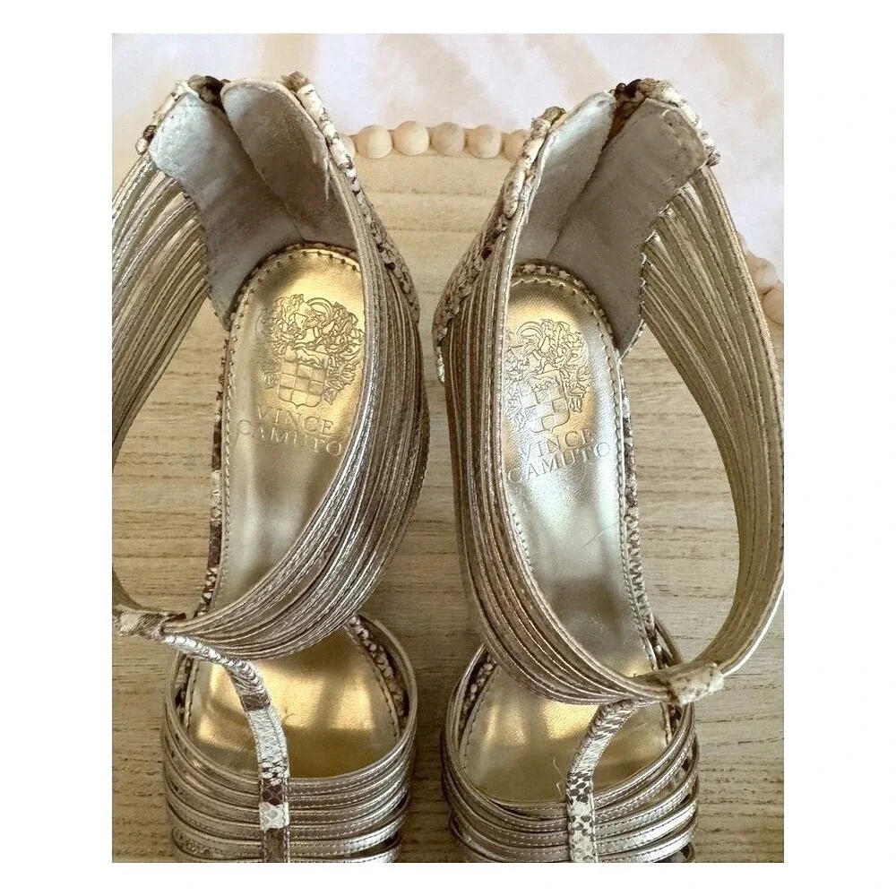 Vince Camuto Champagne Metallic Open Toe Stiletto 7B Embossed Leather 4